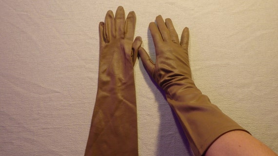 Vintage 1950's Nylon Elbow Length Caramel Gloves … - image 1
