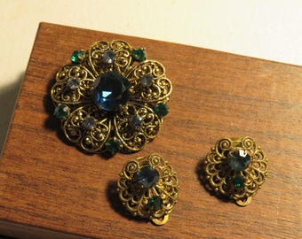 Vintage 1940's Green Blue Gemstone Filigree Brooch & Clip-On Earring Set