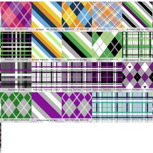 May include: A grid of twenty-nine distinct fabric patterns featuring various pride flag color schemes in stripe, argyle, plaid, and tartan designs. Each square is labeled with text identifying the specific pattern, including Abrosexual, Aroace, Aromantic, Asexual, Biromantic, Panromantic, Greyromantic, Greysexual, and Queerplatonic.