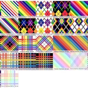 May include: A grid of twenty-eight fabric swatches featuring various rainbow-themed patterns including stripes, argyle, plaid, and tartan. Each square displays distinct color combinations, ranging from vibrant primary colors to muted and pastel tones.
