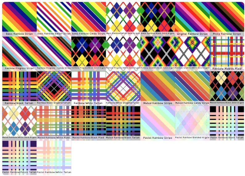 May include: A grid of twenty-eight fabric swatches featuring various rainbow-themed patterns including stripes, argyle, plaid, and tartan. Each square displays distinct color combinations, ranging from vibrant primary colors to muted and pastel tones.