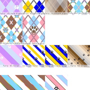 Puede incluir: Un collage digital de 10 dise&ntilde;os de patrones diferentes con huellas de patas y patrones de argyle en varios colores, incluidos rosa, azul, amarillo, marr&oacute;n y blanco. Los dise&ntilde;os est&aacute;n etiquetados con nombres como "Furry V1 Solid Argyle", "Babyfur Solid Argyle" y "Furry LGBT Stripe".