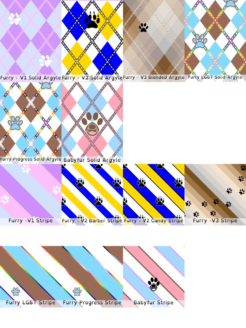Puede incluir: Un collage digital de 10 dise&ntilde;os de patrones diferentes con huellas de patas y patrones de argyle en varios colores, incluidos rosa, azul, amarillo, marr&oacute;n y blanco. Los dise&ntilde;os est&aacute;n etiquetados con nombres como "Furry V1 Solid Argyle", "Babyfur Solid Argyle" y "Furry LGBT Stripe".