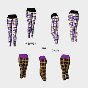 May include: Leggings and capris in a variety of plaid patterns. The leggings feature a black waistband and a purple, yellow, and black plaid design. The capris have a purple waistband and a rainbow plaid pattern. The text "Leggings and Capris" is also visible.