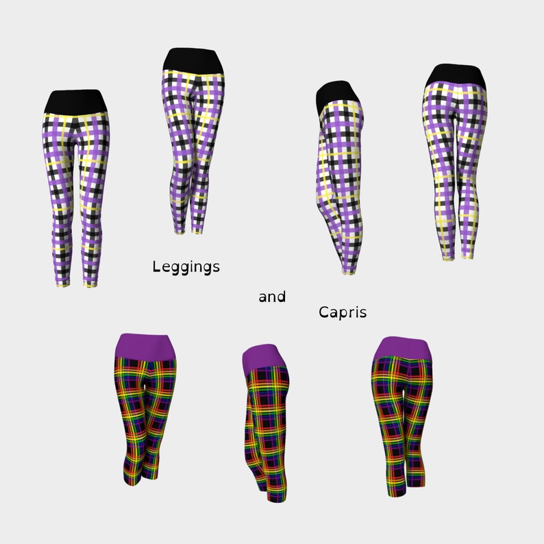 May include: Leggings and capris in a variety of plaid patterns. The leggings feature a black waistband and a purple, yellow, and black plaid design. The capris have a purple waistband and a rainbow plaid pattern. The text "Leggings and Capris" is also visible.