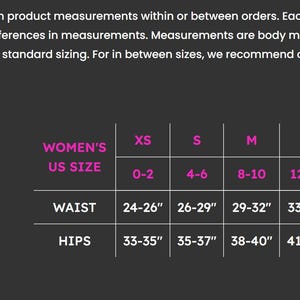 May include: A size chart for women's clothing, with measurements for waist and hips in inches. Sizes range from XS (0-2) to XL (16). The chart includes US sizes and corresponding inch measurements for waist and hips.