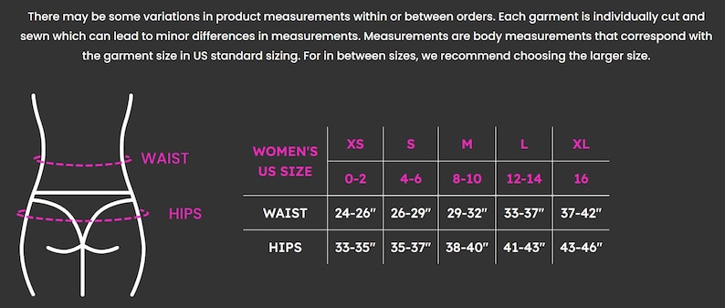 May include: A size chart for women's clothing, with measurements for waist and hips in inches. Sizes range from XS (0-2) to XL (16). The chart includes US sizes and corresponding inch measurements for waist and hips.