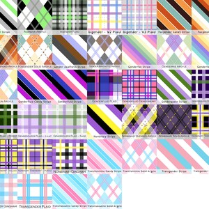 May include: A grid of various plaid and striped patterns with text labels. The patterns feature a range of colors, including pink, blue, purple, green, and orange. Each pattern is labeled with a descriptive name, such as "Agender Stripe" or "Transgender Plaid."