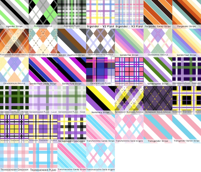May include: A grid of various plaid and striped patterns with text labels. The patterns feature a range of colors, including pink, blue, purple, green, and orange. Each pattern is labeled with a descriptive name, such as "Agender Stripe" or "Transgender Plaid."