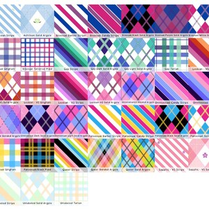 May include: A grid of thirty-five square patterns featuring various stripes, argyle, gingham, and tartan designs in diverse color combinations. Each square includes a text label identifying the specific pattern name below the graphic design.