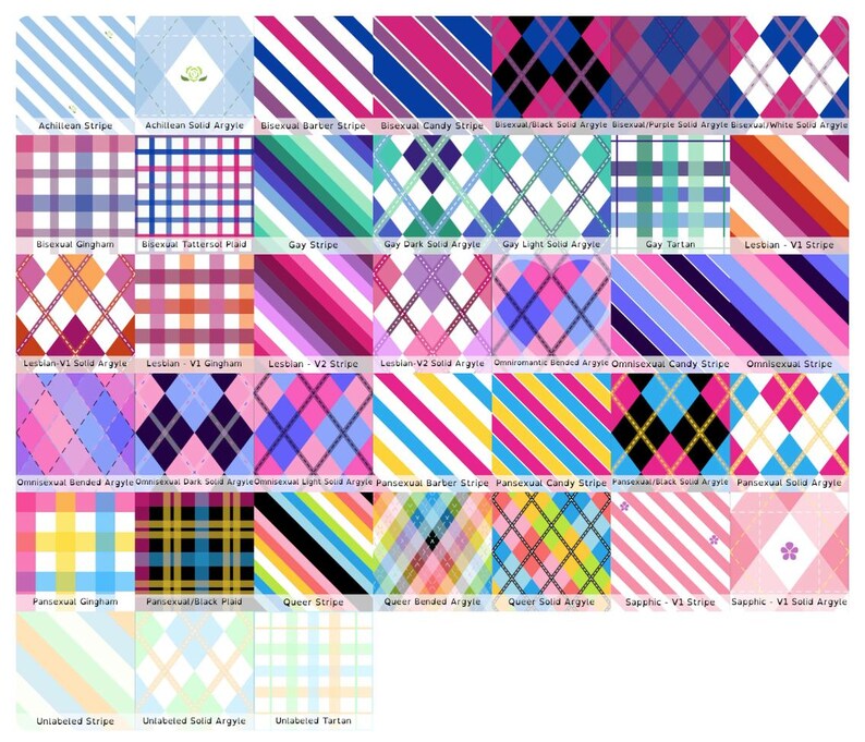 May include: A grid of thirty-five square patterns featuring various stripes, argyle, gingham, and tartan designs in diverse color combinations. Each square includes a text label identifying the specific pattern name below the graphic design.