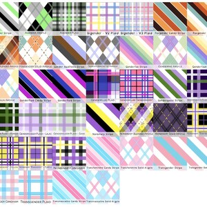 May include: A grid of thirty-four square patterns featuring various color combinations in stripe, plaid, argyle, and gingham designs. Each square includes a text label identifying the specific pattern name, such as Agender, Bigender, and Transgender.