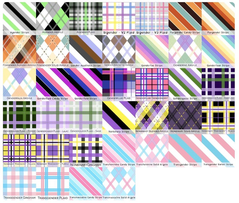 May include: A grid of thirty-four square patterns featuring various color combinations in stripe, plaid, argyle, and gingham designs. Each square includes a text label identifying the specific pattern name, such as Agender, Bigender, and Transgender.
