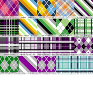 May include: A collection of various plaid and argyle patterns, each with a unique color scheme and design. The image includes stripes, tartan, and diamond patterns, with text labels identifying each pattern, such as "Asexual Argyle" and "Aromantic Stripe".