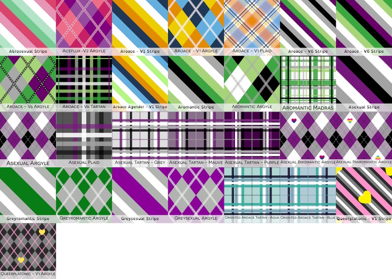 May include: A collection of various plaid and argyle patterns, each with a unique color scheme and design. The image includes stripes, tartan, and diamond patterns, with text labels identifying each pattern, such as "Asexual Argyle" and "Aromantic Stripe".
