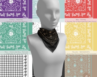 May include: A black and gold patterned scarf is displayed on a mannequin. The background features various colored squares with different patterns and text, including "Piercing," "Fisting," and "Cock and Ball Torture."