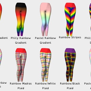 May include: A collection of colorful leggings with various designs. Styles include rainbow gradients, stripes, and plaid patterns. Each pair features a high waistband and a unique color scheme, with text labels identifying each design.