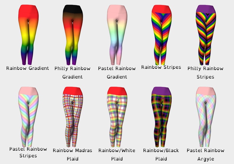 May include: A collection of colorful leggings with various designs. Styles include rainbow gradients, stripes, and plaid patterns. Each pair features a high waistband and a unique color scheme, with text labels identifying each design.