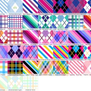 May include: A grid of various patterns and designs, including stripes, argyle, and plaid. The patterns feature a range of colors, with text labels identifying each design, such as "Bisexual Candy Stripe" and "Gay Tartan."