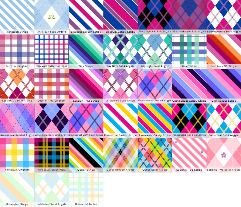 May include: A grid of various patterns and designs, including stripes, argyle, and plaid. The patterns feature a range of colors, with text labels identifying each design, such as "Bisexual Candy Stripe" and "Gay Tartan."