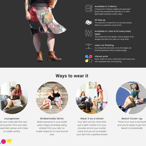 Puede incluir: Una falda de envoltura colorida con estampado floral. La falda se muestra puesta de diferentes maneras, incluyendo como ropa de estar por casa, falda de dama de honor, chal y pareo de playa. El texto "Ways to wear it" se muestra en la parte superior de la imagen.