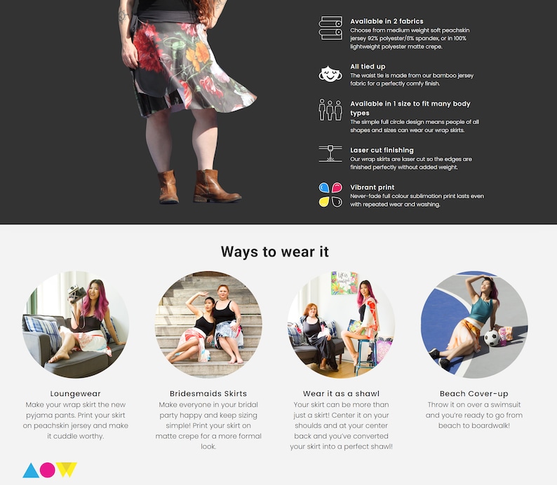 Puede incluir: Una falda de envoltura colorida con estampado floral. La falda se muestra puesta de diferentes maneras, incluyendo como ropa de estar por casa, falda de dama de honor, chal y pareo de playa. El texto "Ways to wear it" se muestra en la parte superior de la imagen.