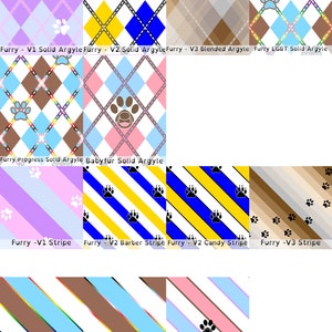 May include: A collection of argyle and striped patterns with paw prints. The argyle patterns feature diamonds in various colors, including blue, purple, brown, and pink. The striped patterns have diagonal stripes in various colors, including blue, yellow, and brown.