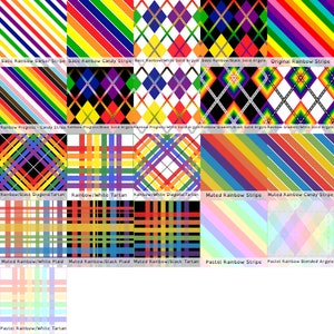 May include: A collection of various rainbow-themed patterns. Designs include stripes, argyle, plaid, and diagonal patterns in a spectrum of colors. Each pattern is labeled with a descriptive title, such as "Basic Rainbow Stripe" and "Rainbow/Black Tartan".