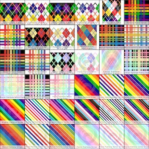 Puede incluir: Una colecci&oacute;n de 36 patrones diferentes con tem&aacute;tica de arco&iacute;ris, que incluyen argyle, tart&aacute;n, cuadros y rayas. Los patrones est&aacute;n dispuestos en una cuadr&iacute;cula y presentan varias combinaciones de colores.