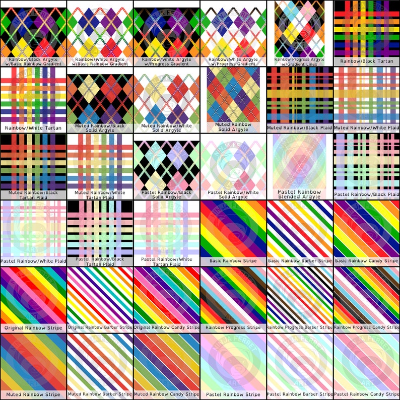 Puede incluir: Una colecci&oacute;n de 36 patrones diferentes con tem&aacute;tica de arco&iacute;ris, que incluyen argyle, tart&aacute;n, cuadros y rayas. Los patrones est&aacute;n dispuestos en una cuadr&iacute;cula y presentan varias combinaciones de colores.