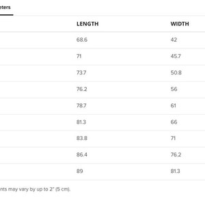 May include: Size chart showing length and width measurements in inches and centimeters for sizes XS to 5XL.