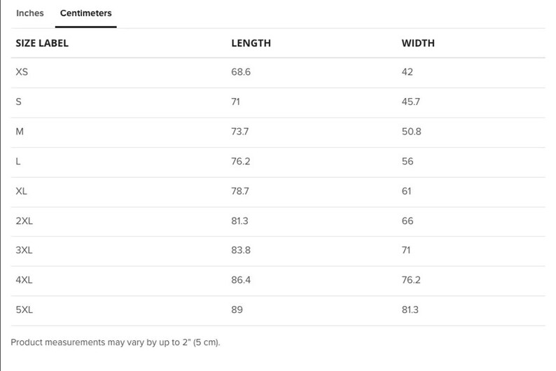 May include: Size chart showing length and width measurements in inches and centimeters for sizes XS to 5XL.