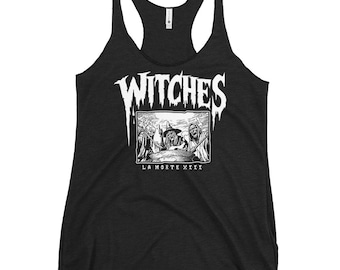 May include: Black tank top with a white graphic of three witches around a cauldron with the text "WITCHES" above and "LA MORTE  MMXIX" below.