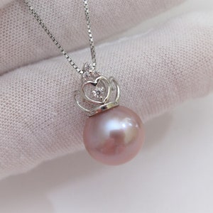 Natural Pink Pearl Necklace w/925 Sterling Silver Crown Pendant & Chain,Genuine Pearl Necklace,Beautiful Pink Edison Pearl Necklace(3128-NK)