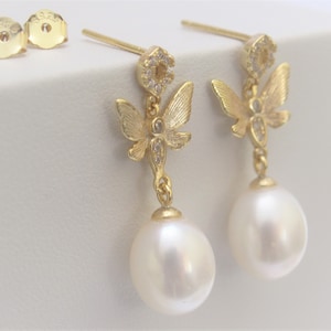 High Quality AAA Freshwater Pearl Butterfly Earrings, 925 Sterling Silver OR Gold Post Pearl Earrings, Cultured Pearl Bridal Earring Gifts