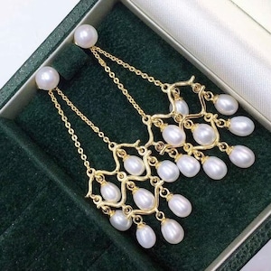 Genuine Quality Freshwater Pearl Chandelier Earrings in 925 Sterling Gold Posts,Natural Pearl Drop Earrings, Bridal Pearl Earrings (6071-ER)