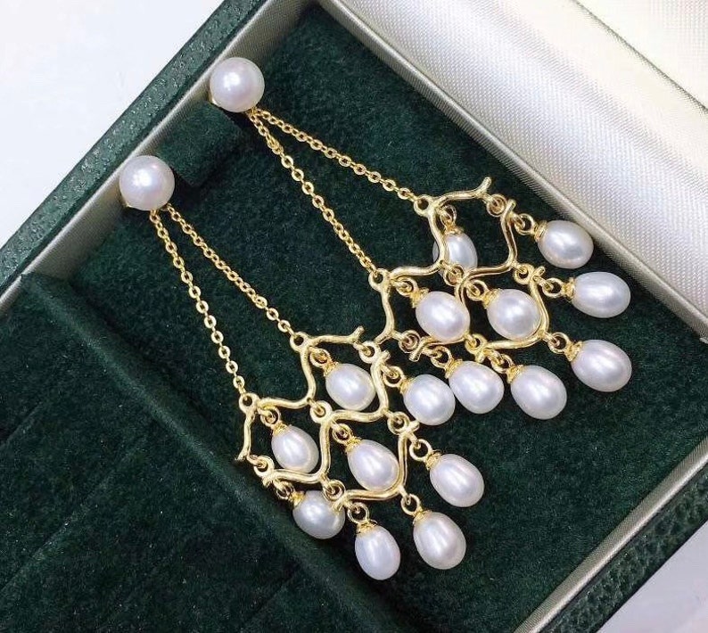 Freshwater Pearl Chandelier Earrings: Sterling Gold Bridal Drop Earrings (6071-ER)