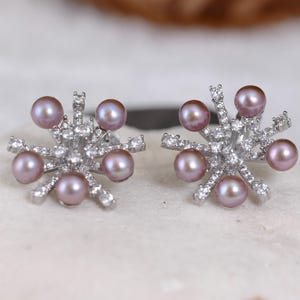Mauve Pink Pearl Earrings: Sterling Silver Flower Studs