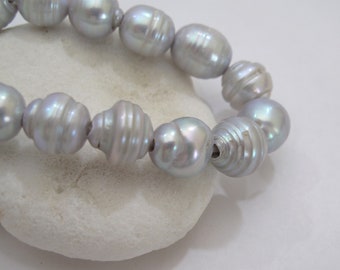 10-11mm Half Strand Large Hole Irregular Teardrop Silver Gray Baroque Pearl Beads,Genuine Cultured Freshwater Ringed Pearl Beads (907B-LH)