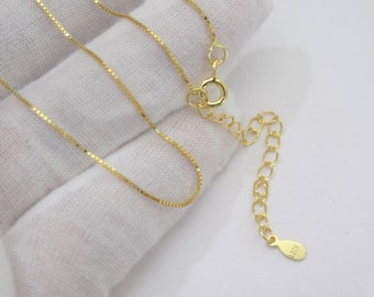 Gold Vermeil Sterling Silver Box Chain Necklace: Adjustable 16-18 Inch (212-NK)
