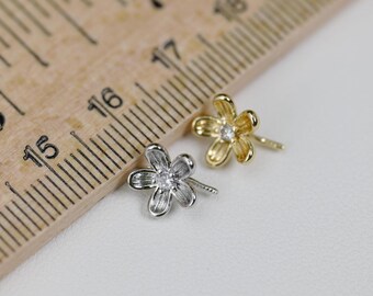 18k Gold Plated Flower Pendant Bail, CZ Mounts, Half Drilled Pearl Setting, DIY Pearl Jewelry Finding Mounts Supply (8005-NF)