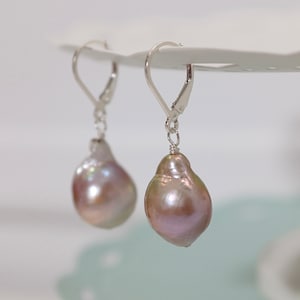 Genuine Natural Pink Baroque Freshwater Pearl Earrings w/925 Sterling Silver Leverback, Irregular Baroque Teardrop Pearl Earrings (6135-ER)
