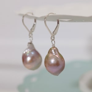 Pink Baroque Pearl Earrings: Sterling Silver Leverback Dangle Earrings
