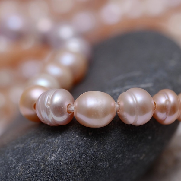 7-8mm Large Hole Beautiful Natural Light Pink Rice/Oval Ringed Freshwater Pearl Beads, 2mm Hole Genuine Natural Freshwater Pearls (064B-LH)