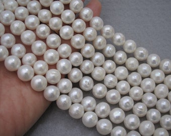 10mm Full Strand AA Natural White Freshwater Pearl Beads,Lustrous Genuine Cultured Freshwater Pearls,Ringed White Pearls (902A-FP)