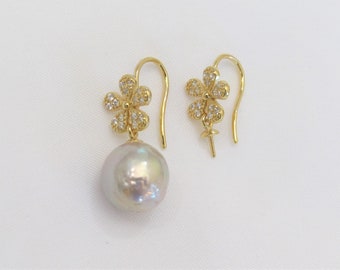 One Pair 925 Sterling Silver Flower Hook Earring Findings w/Cubic Zirconia,DIY Earring Mounts,Half Drilled Pearls Earring Settings (EF-462)
