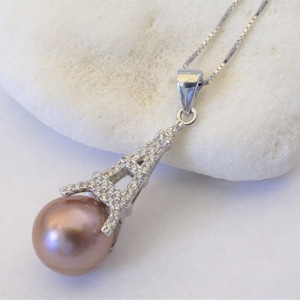 Pink Edison Pearl Necklace: Sterling Silver Eiffel Tower Pendant