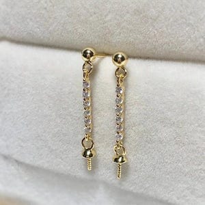 One Pair 925 Sterling Silver OR Gold Dangle Earring Findings w/Bar Cubic Zirconia,DIY Earring Mounts,Wholesale Pearl Earring Setting(EF-524)