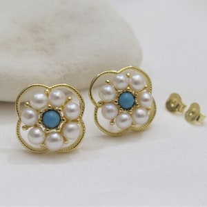 Freshwater Pearl Turquoise Stud Earrings: 925 Sterling Gold Posts