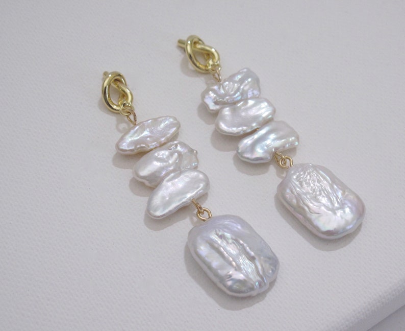 Genuine Natural White Freshwater Pearl w/925 Sterling Gold Post Earring,Pearl Dangle Earring,Designers Natural Pearl Bridal Earring6122-ER image 2